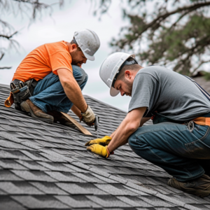 In the picture, two workers are seen on the roof, diligently repairing it while showcasing variations - Roof Repair Orangeville.