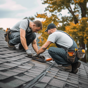 On the picture, two workers are seen on the roof, skillfully repairing it while displaying variations - Metal Roofing Orangeville.