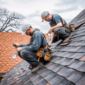 In the picture, two roofers from Orangeville are depicted working on the roof, showcasing their expertise and skills in their profession.